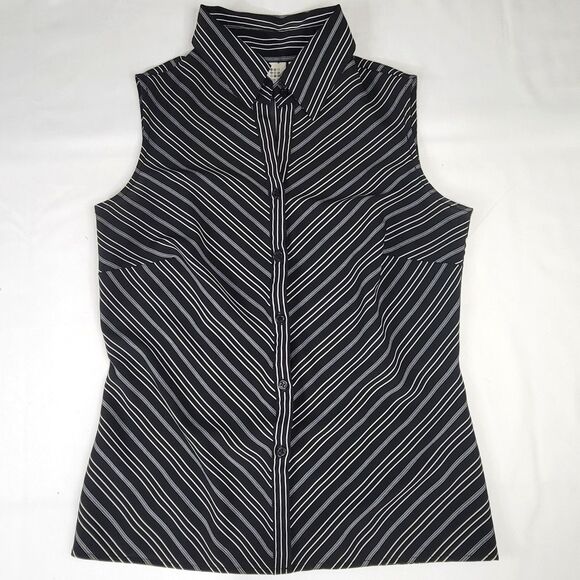 Apt 9 collar button front stretch sleeveless top black white striped small - Picture 4 of 9